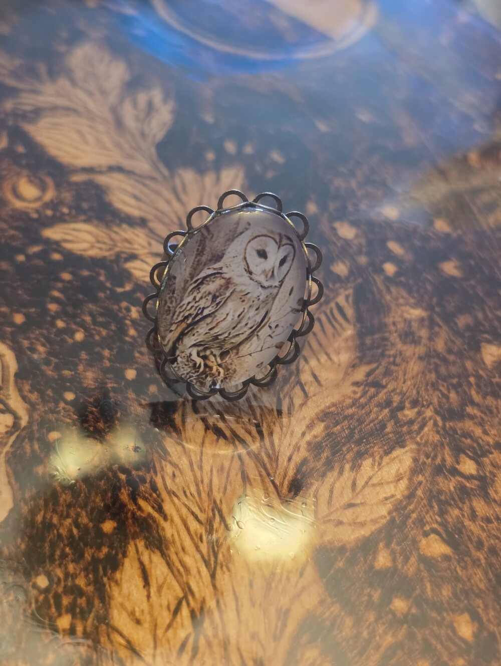 Oval Owl Glass Cabochon In Bronze Tine Bezel. Adjustable Ring.